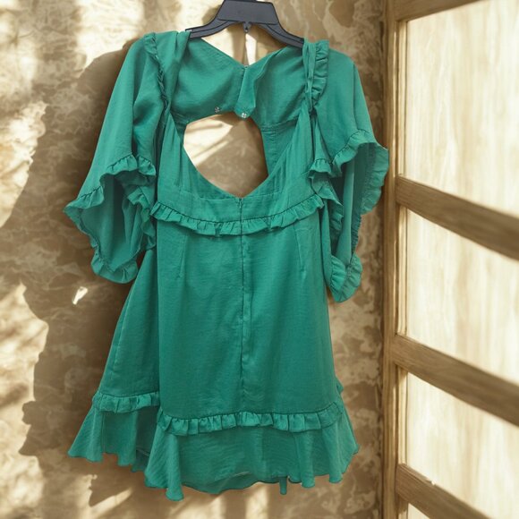 Showpo. Dresses & Skirts - Green Ruffle Dress 💚 Cutout Back, Flowy Fit, Perfect for Brunch or Vacation